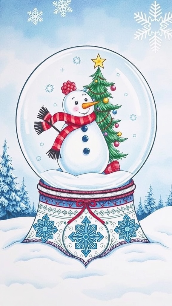 Christmas Snow Globe Drawing Guide A colorful drawing of a Christmas snow globe with a snowman, Christmas tree, and snowflakes.